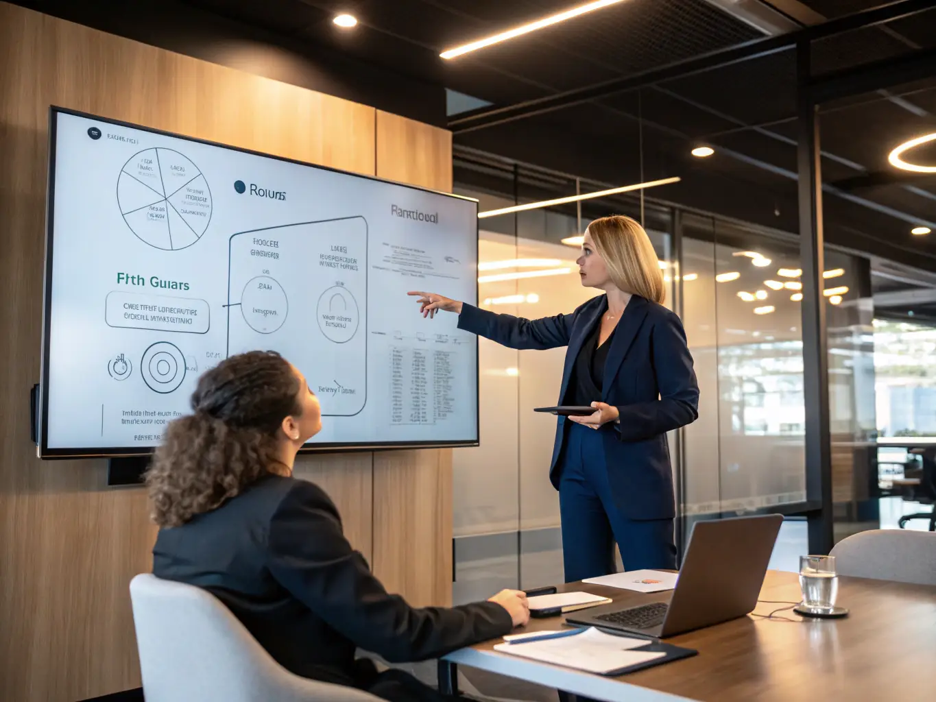 A person confidently presenting a financial plan for career advancement, showcasing investment strategies and potential ROI in a modern office setting.