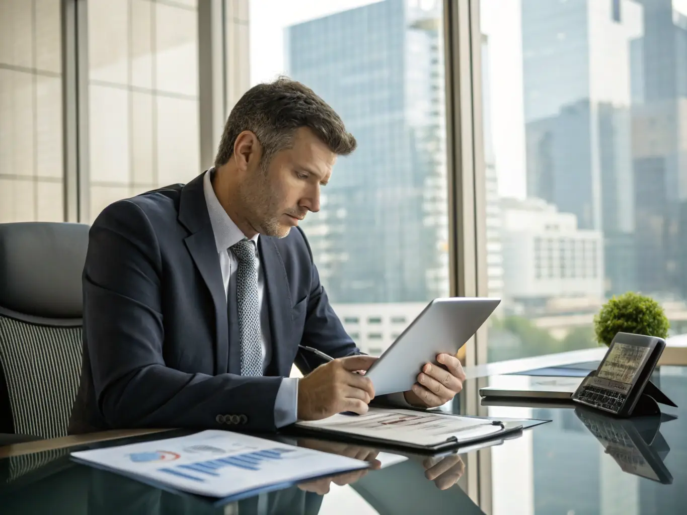 A focused individual engaged in a one-on-one career coaching session, reviewing financial growth charts and career progression plans on a tablet, symbolizing personalized guidance.