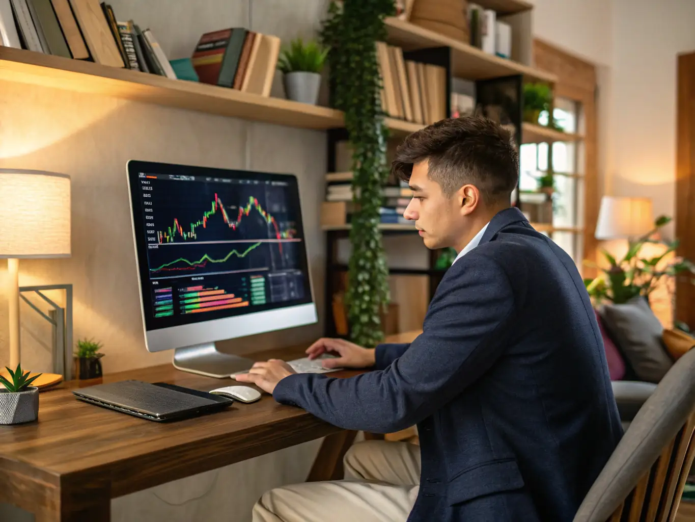 A person happily using a laptop, surrounded by charts and graphs, symbolizing career growth and financial success after investing in upskilling.