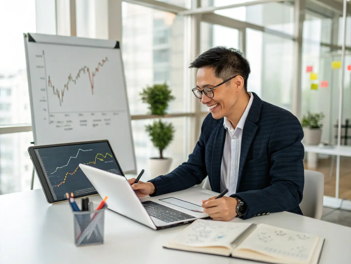 A financial coach is creating a financial plan for a client on a laptop, showing charts and graphs illustrating potential career growth and investment strategies. The setting is a well-lit, modern office.