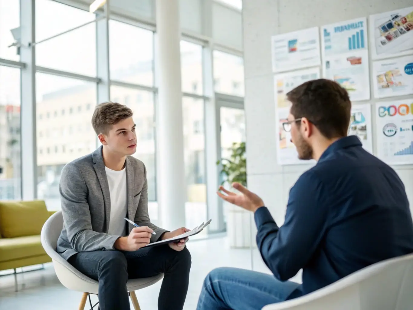 A professional Indian career mentor is conducting a one-on-one career counseling session with a young professional in a modern office setting. The mentor is actively listening and providing guidance, fostering a supportive and encouraging environment.